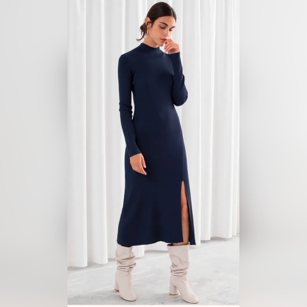 & OTHER STORIES Ribbed Turtleneck Midi Dress size M navy blue viscos long sleeve